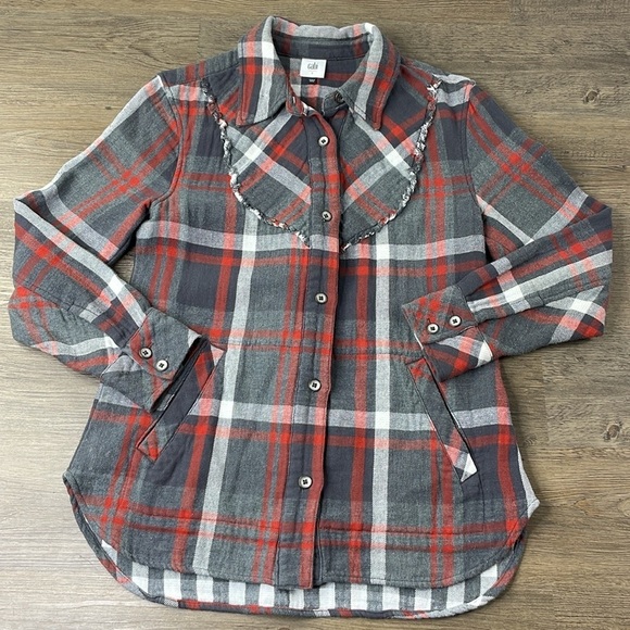 CAbi Women’s #4164 Plaid Tavern Shirt Ruffle Jacket in Gray Red White, sz SM - Picture 3 of 12